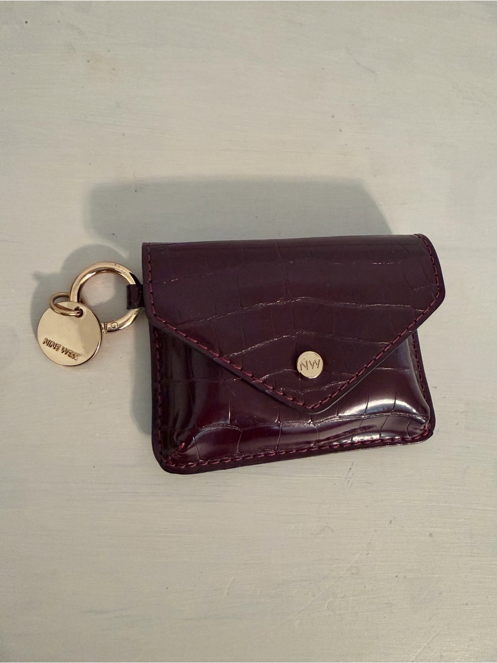 Nine West Mini Wallet Card Snap Holder Key Ring Red Croc Embossed Leather